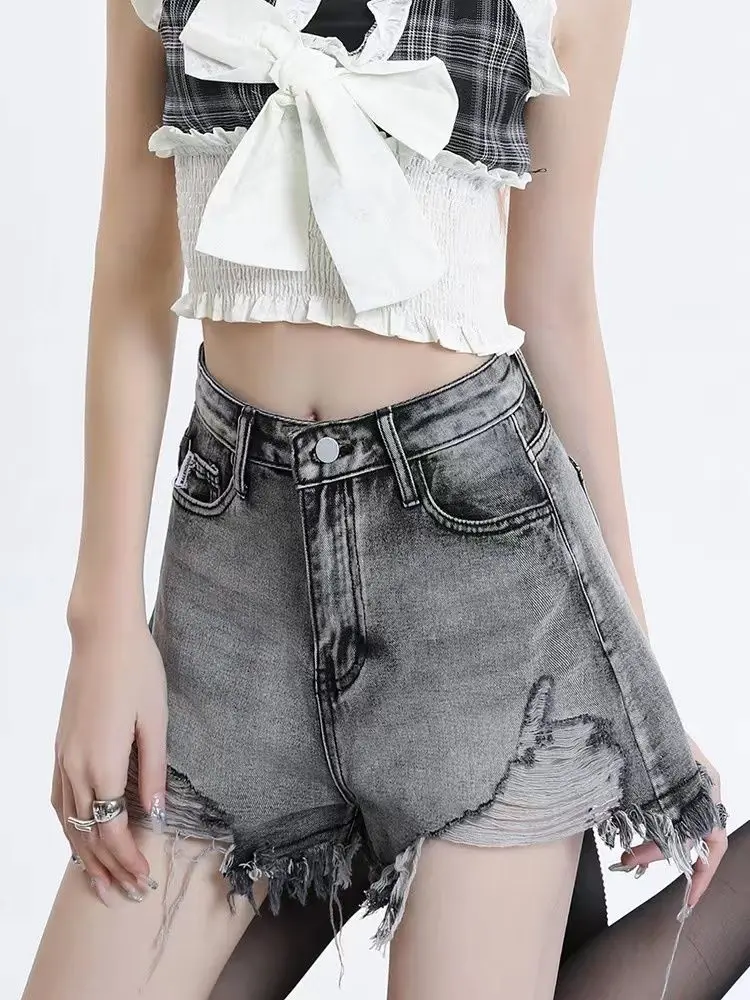 ADAgirl Grey High Wasit Denim Shorts Women Sexy Summer Tassels Ripped Jeans Shorts Female Hot Summer Korean Style Fashion Cowboy