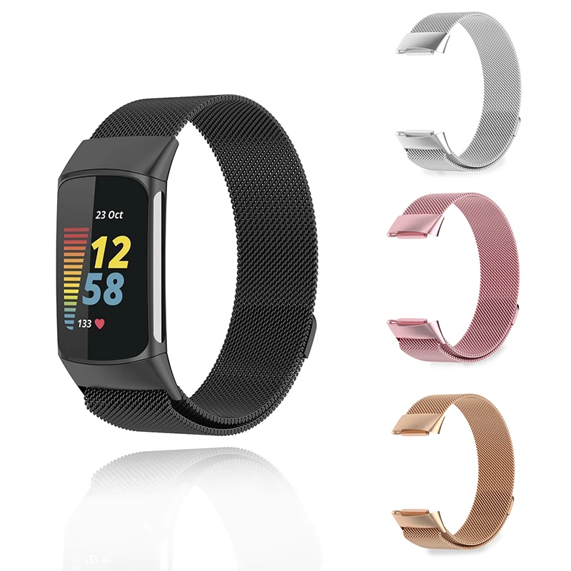 Fitbit Charge 6、5、4、3バンド用メタルストラップfitbitブレスレットの交換、ミラネーゼマグネティックブレスレット、男性と女性