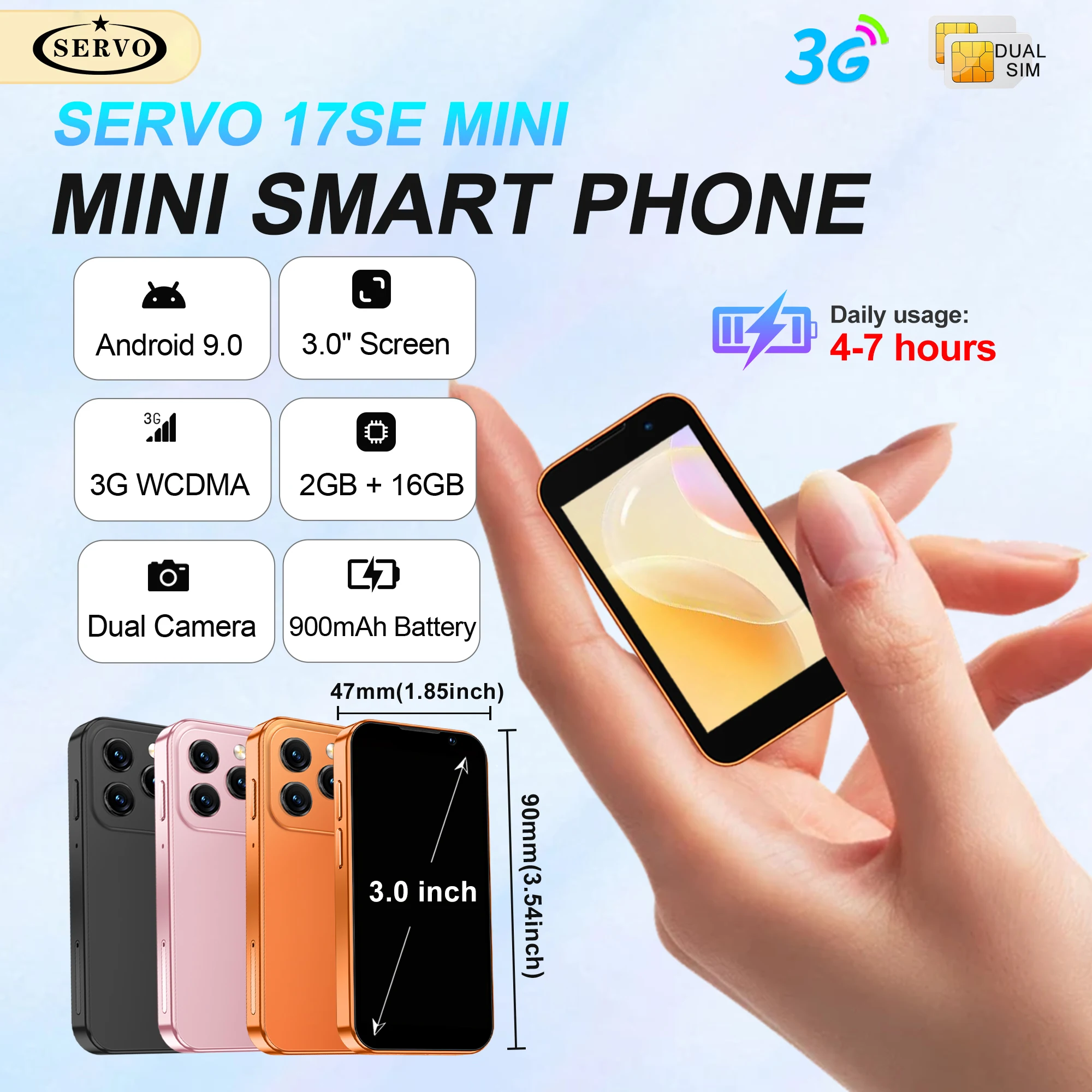 SERVO 17SE mini Smartphone Android 9.0 2GB+16GB Dual SIM 3.0'' Screen Play Store WhatsAPP GPS WiFi 3G WCDMA Small mobile phones
