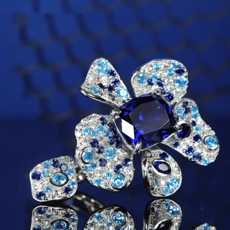 

ZOCA Pure Luxury 925 Sterling Silver Blue Flower Design Total Engagement Ring for Women Jewelry Gift