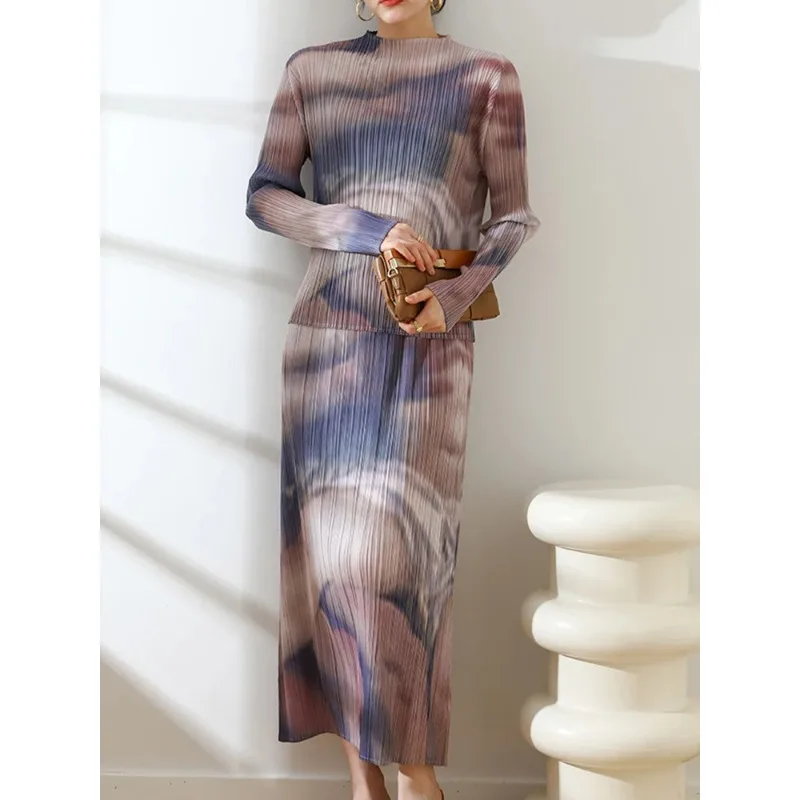 YUDX Miyake Pleated Women Gradient Color Full Sleeve Stand Collar Top  Skirt Elegant Vintage Style New Spring