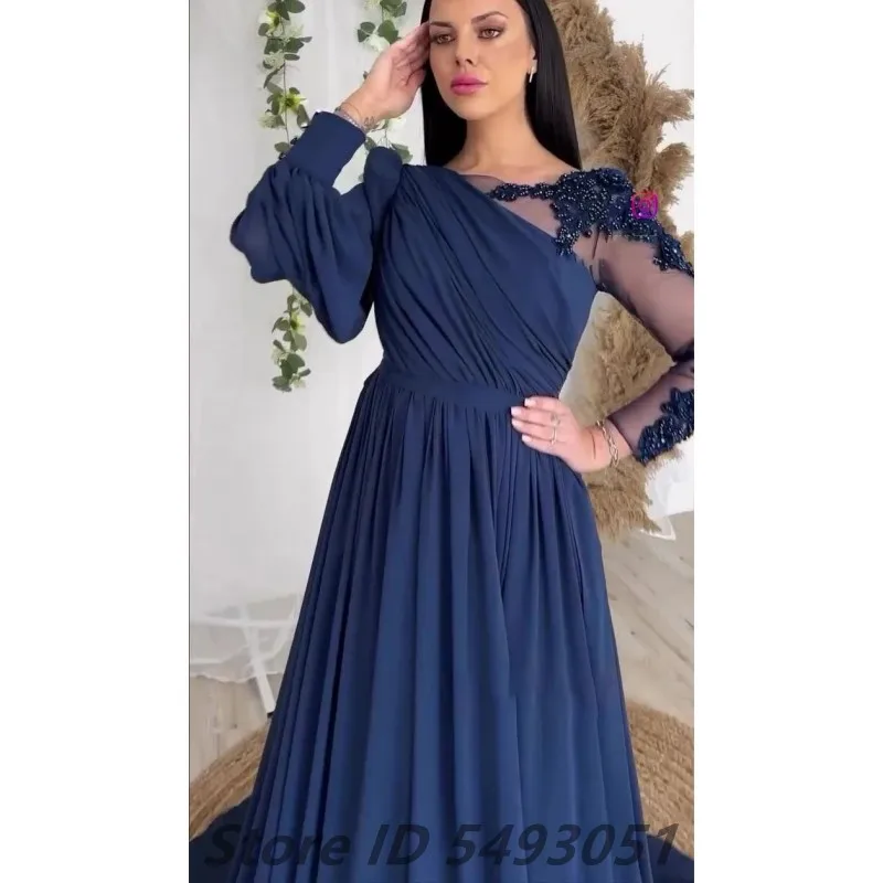 Sevintage 2025 Navy Blue Chiffon Evening Dress Long Sleeves Appliqued Custom Made Arabic Prom Gown Wedding Party Dress Vestidos