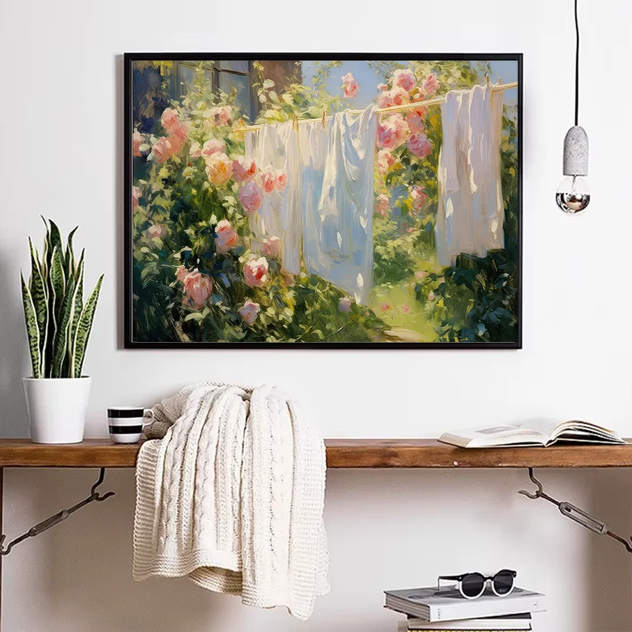 Pink Roses Garden Canvas Print Wall Art Oil Painting Hanging Laundry Sunlight Home Decor Living Room Bedroom