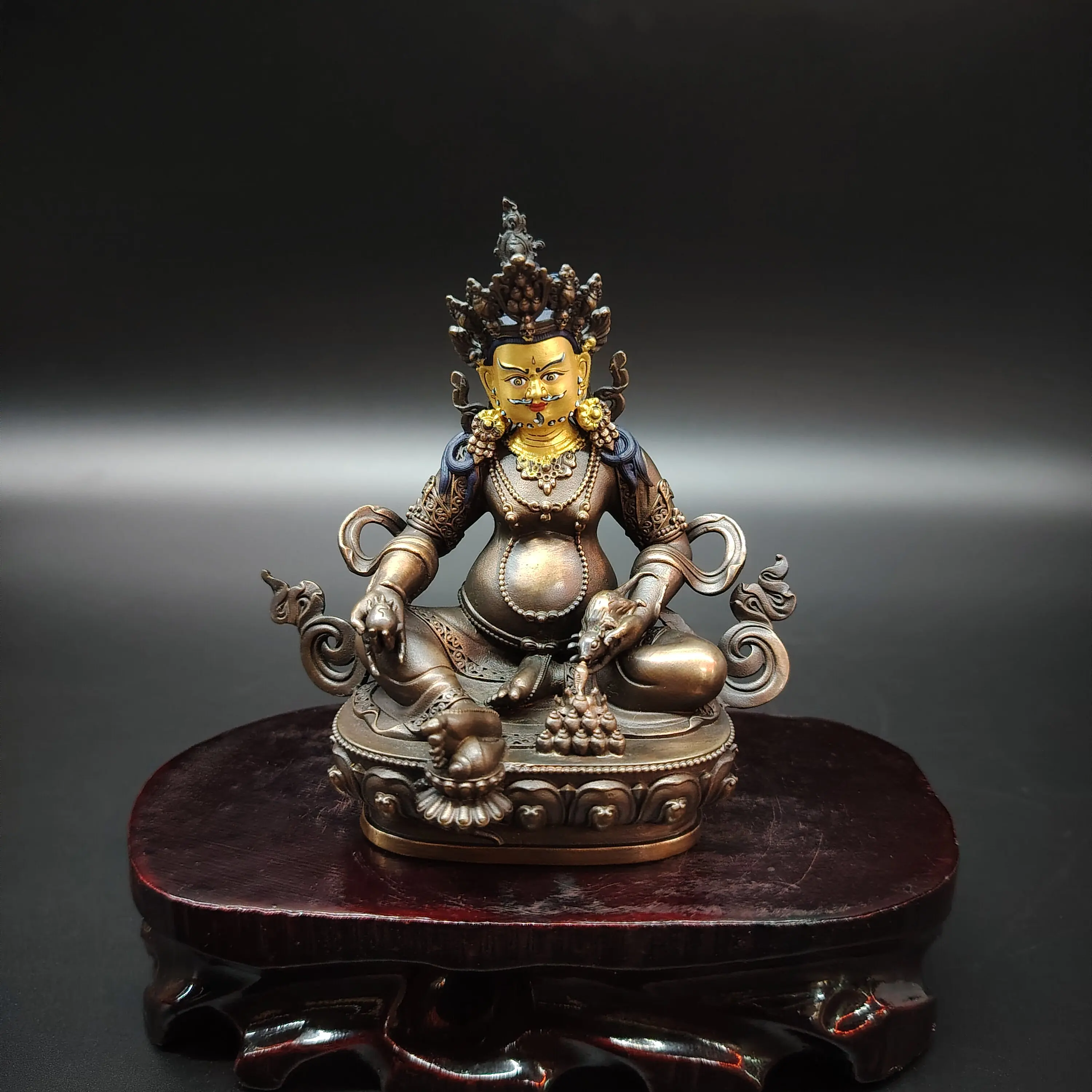 Tibetan Pure Antique Copper Painted Face Yellow Jambhala Wealth Deity Statue 10cm Car Desktop Altar Blessing