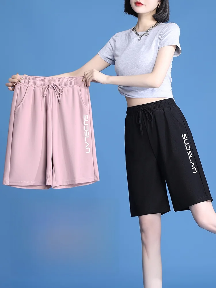 Pantalon de sport en soie glacée à séchage rapide pour femmes, été, fin, large, décontracté, longueur cinq-quarts, taille haute, pour le travail