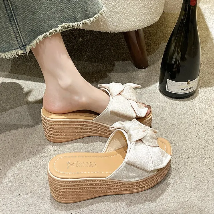 2023 Summer New Platform Wedge Slippers Women\'s Shoes Bow Decorative Clogs Fabric Light Simple Style Sandals Wedges