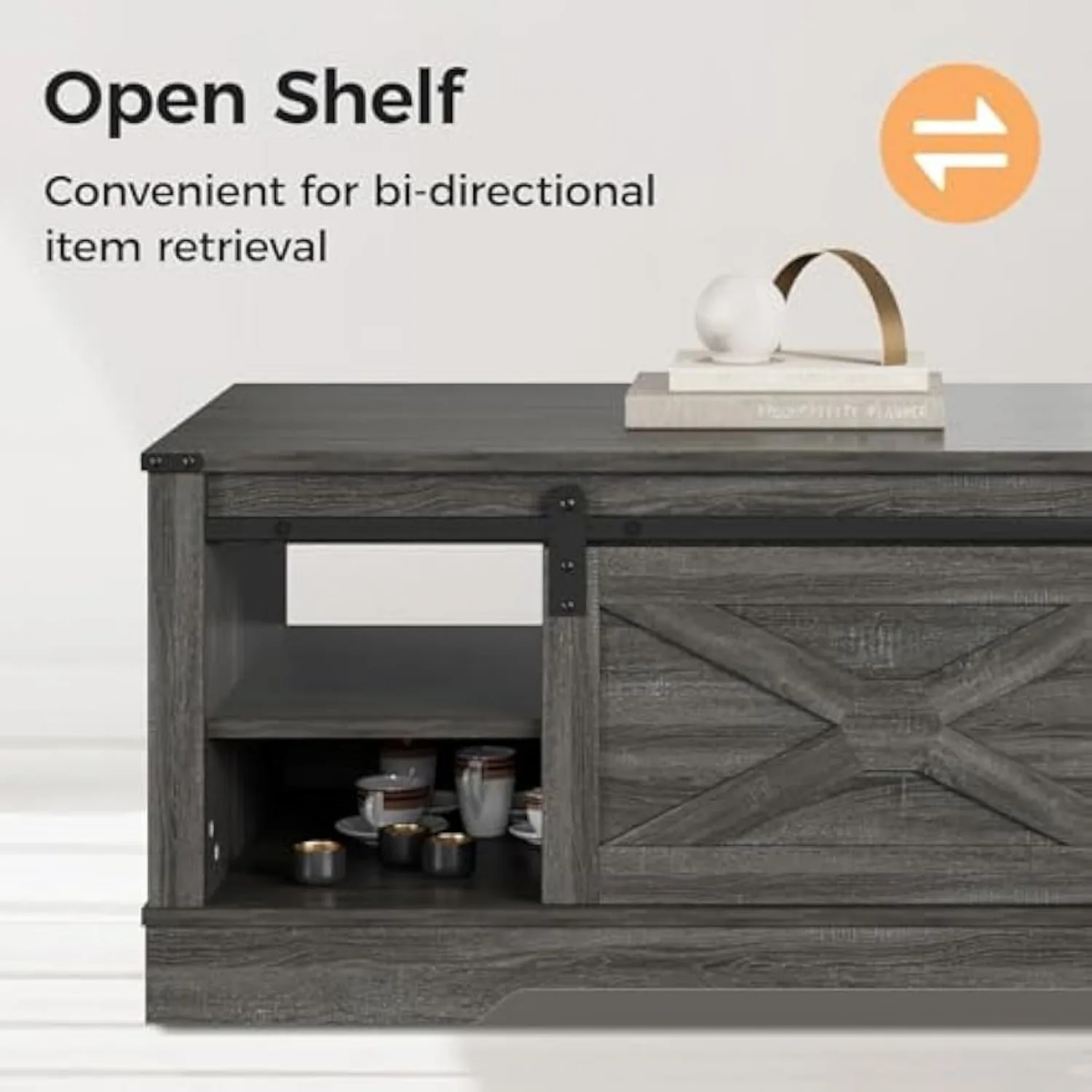 RoyalCraft Farmhouse Coffee Table with Storage and Sliding Barn Door, 48'' Rustic Living Room Table with Open Shelves