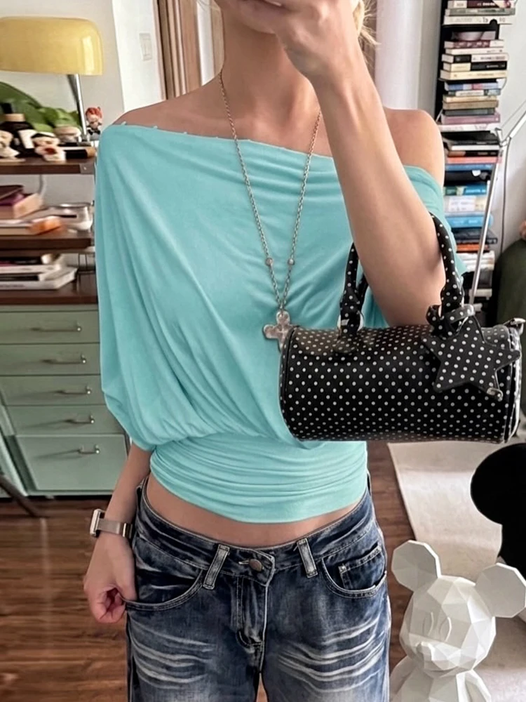 Kliou Summer New Trend T-Shirts Woman Slash Neck Batwing Collar Shape Waist Navel Exposed High Street Fashion Style Tess