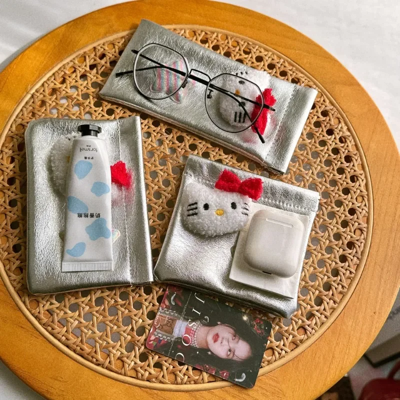 Small Fresh Silver PUkt Cat Head Clip Mouth Gold Bag Coin Purse Miscellaneous Storage Pad Earphone Glasses Hello Kitt Portable