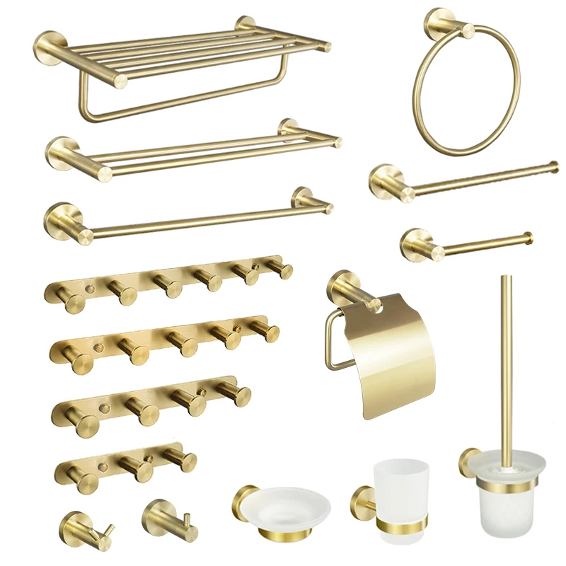 

Brushed Gold Towel Rack Towel Bar Ring Hardware Stainless Steel Robe Coat Hook Toilet Tissue Paper Holder Bathroom Accessories