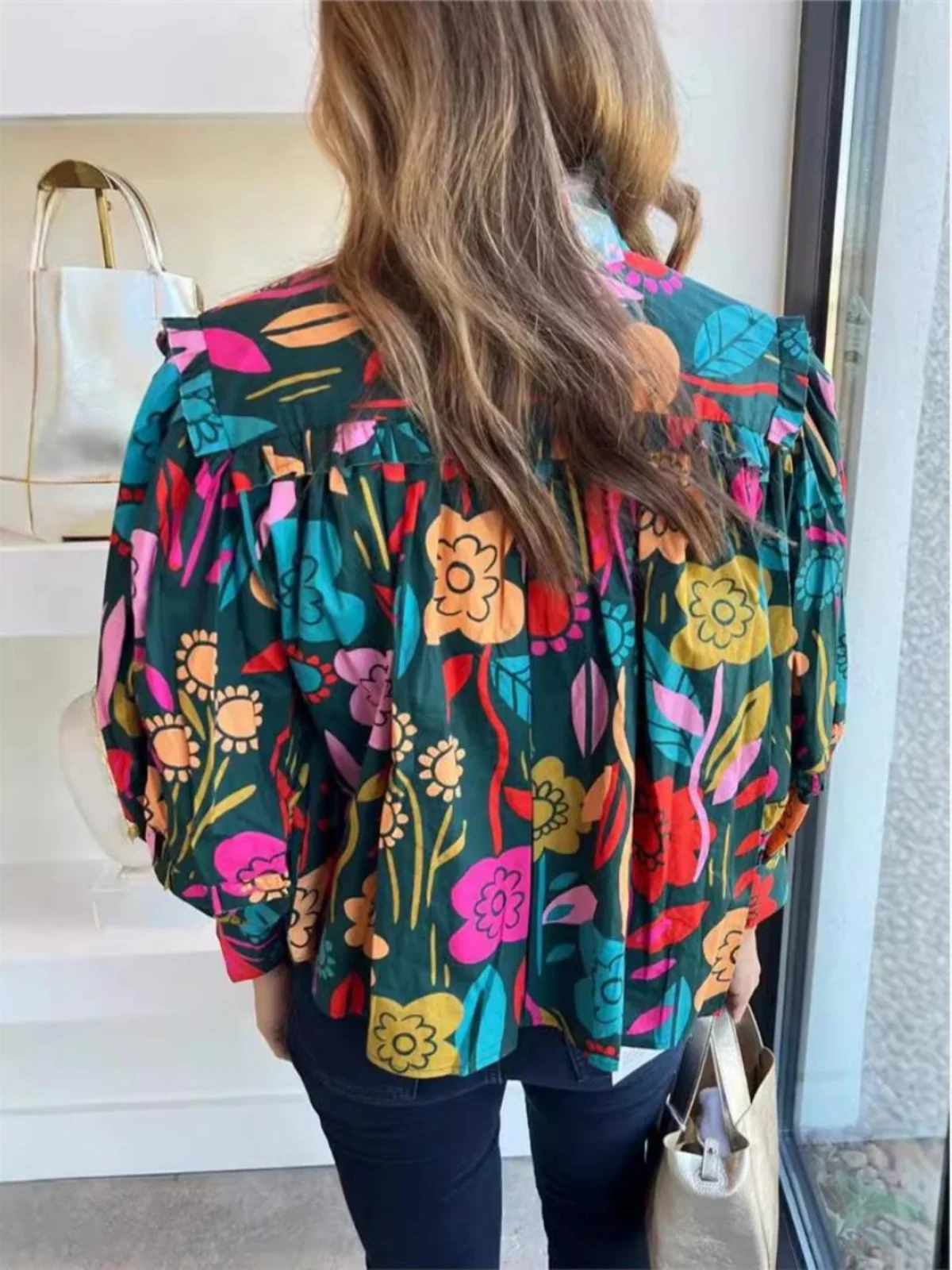 Csa Casual con Estampado Floral para Mujer, Top con Mangas Abullonadas, Cuello en V, Corta, de Poliéster, Mangas Largas, R...
