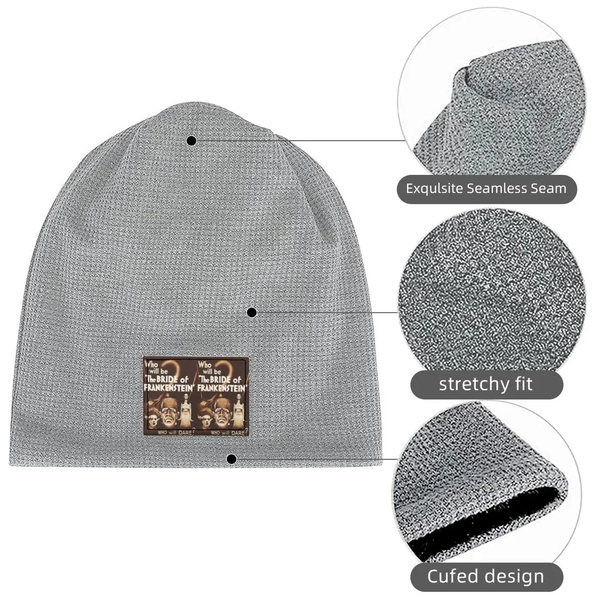Bride Of Frankenstein Poster Waffle Knit Fleece Lined Beanie with PU Leather Patch Unisex Warm Winter Soft Cap