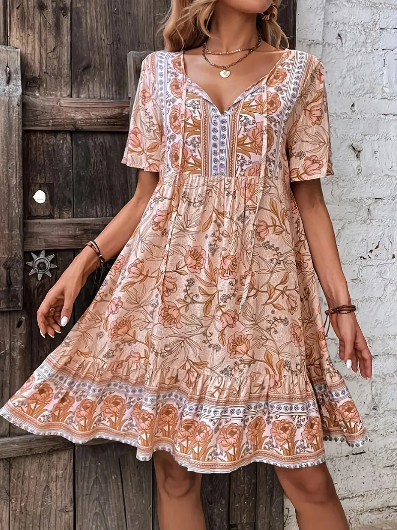 Abito estivo Boho 2025 Mini abito floreale con scollo a V da donna con maniche a sbuffo e spacco laterale Abito da cerimonia nuziale fluido da spiaggia Nuovo estivo