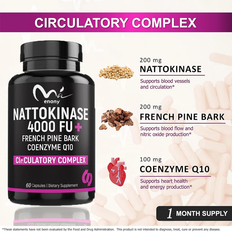 Nattokinase 4000 FU CoQ10 100mg French sea pine bark extract 200mg containing enzyme, circulatory and cardiovascular support