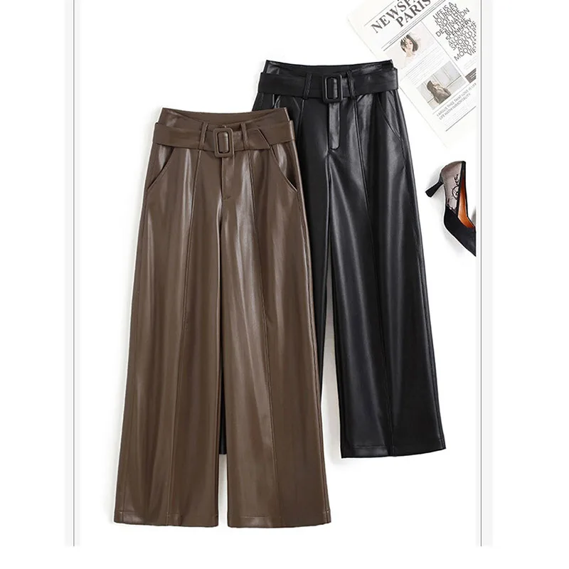 Black Genuine Leather Pants Women Sheepskin Straight Pants Spring Autumn High Waist Belt Ankle-Length Pant Loose Casual Trousers