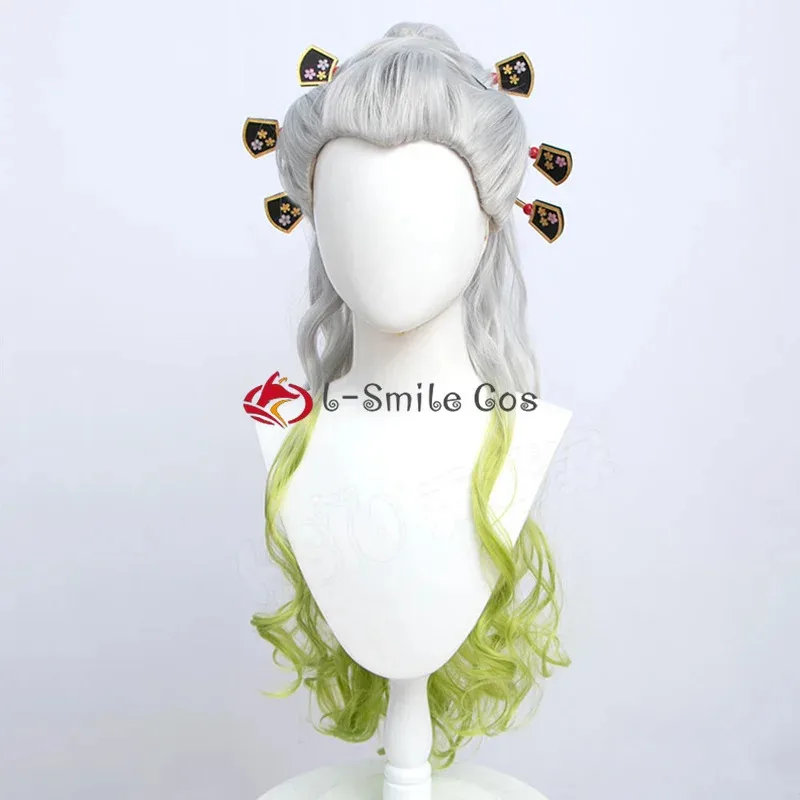 Anime mujeres Cosplay plata gradiente verde Cruly cola de caballo Daki pelo sintético resistente al calor pelucas de fiesta + gorro de peluca