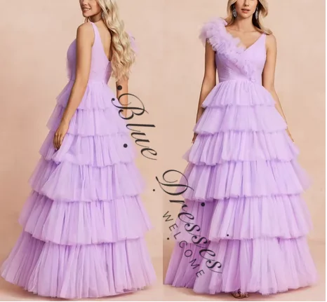 

customizedElegant Light Purple Tulle Evening Dresses Fashion V-Neck Sleeveless Celebrity Gowns Sparkly Special Occasion Gowns