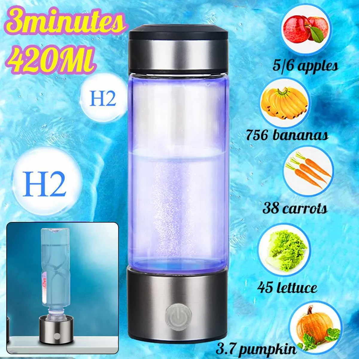 3mins Rechargeable Water Ionizer Bottle, 420ML Negative Ion Cup with Hydrogens-rich Water, Alkaline Generator for Health