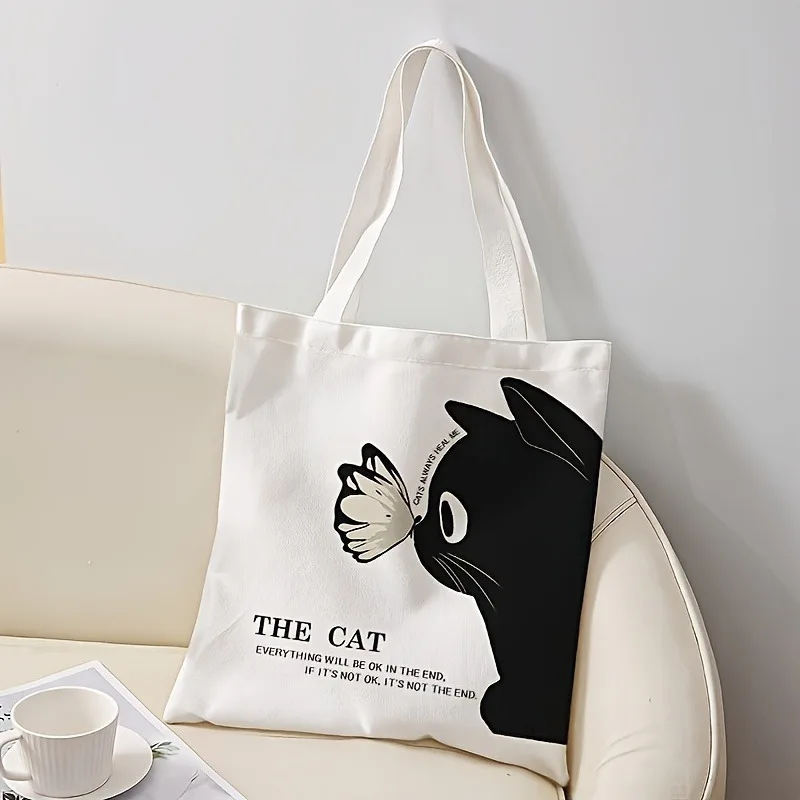 Large Capacity Canvas Shopping Pouch Cute Cat Butterfly Shoulder Bag for Students Work