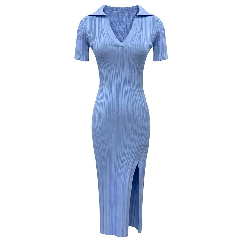 YuooMuoo Chic Mode Sexy Wrap Hüften Split Frauen Kleid Sommer drehen-unten Kragen Dünne Elastische Midi Hemd Kleid Streetwear outfits