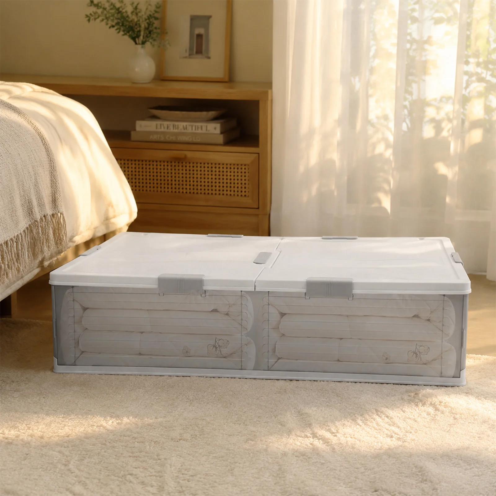 Unterbett-Aufbewahrungsbehälter, große Kapazität, Decken-Aufbewahrungstaschen mit Griff, Deckel und Rollen, Organisation und Aufbewahrung für Bettdecken, Laken, Kleidung, Schlafzimmer