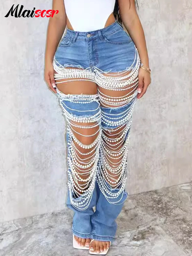 

Mlaiscsr Sexy Night Club Holes Pearls Blue Jeans Women’s High Waist Stretch Denim Pants Beading Birthday Boyfriend Trousers y2k