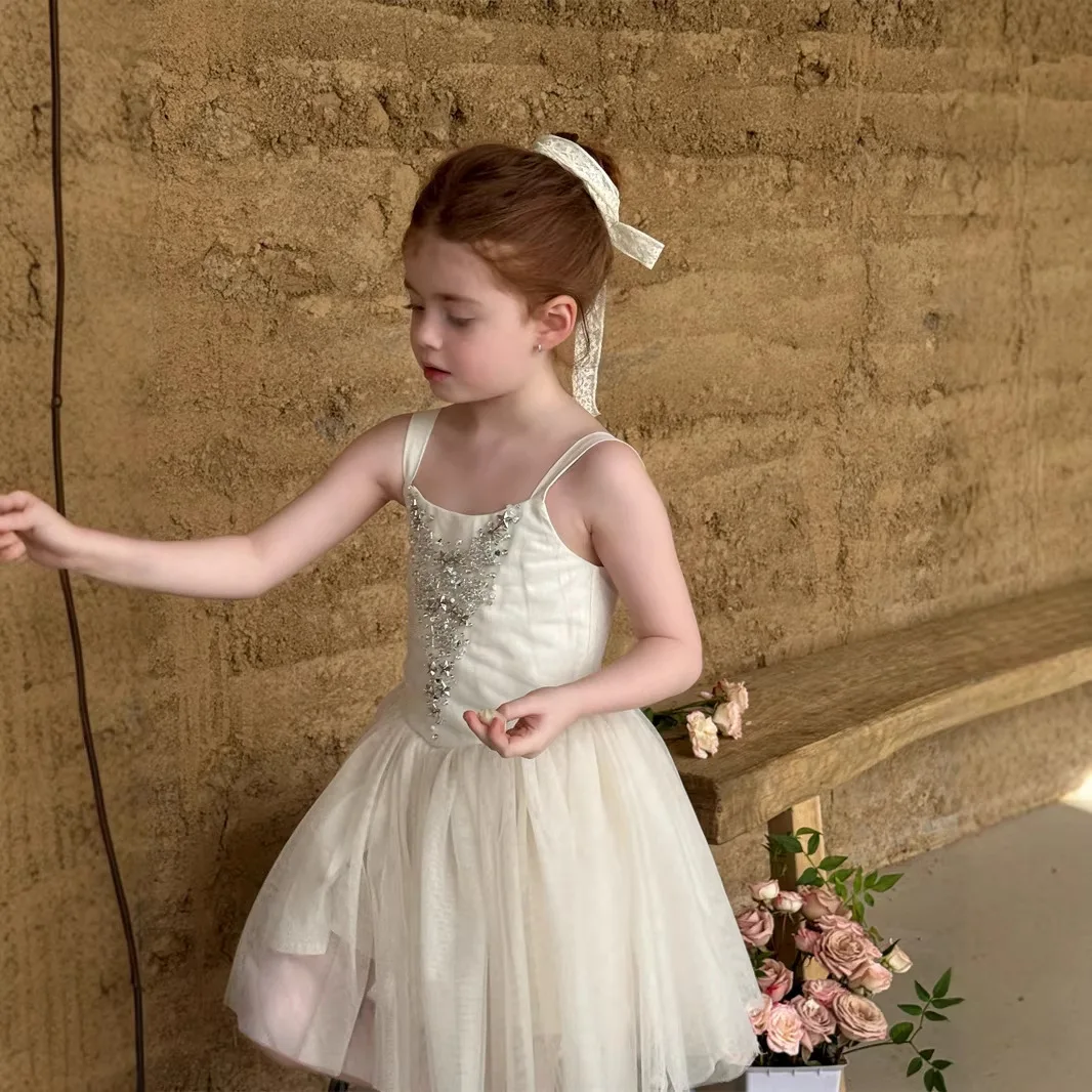

Girls Suspender Princess Dress 2026 Spring Summer New Girls Cotton Strap Ballet Dress Handmade Diamond Star Mesh Skirt