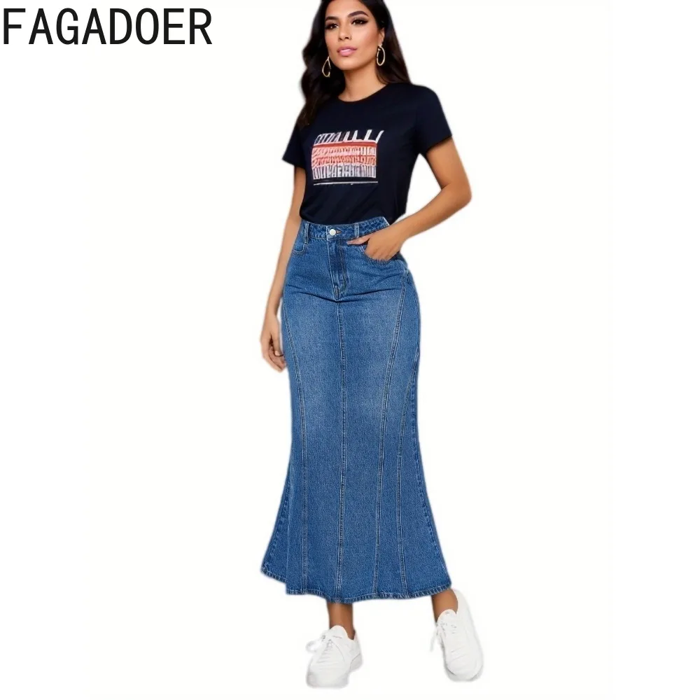 Imagem -04 - Fagadoer-saias Jeans para Mulheres Retro Azul Moda Magro Sereia Cintura Alta Botão Bolso Calças de Cowboy