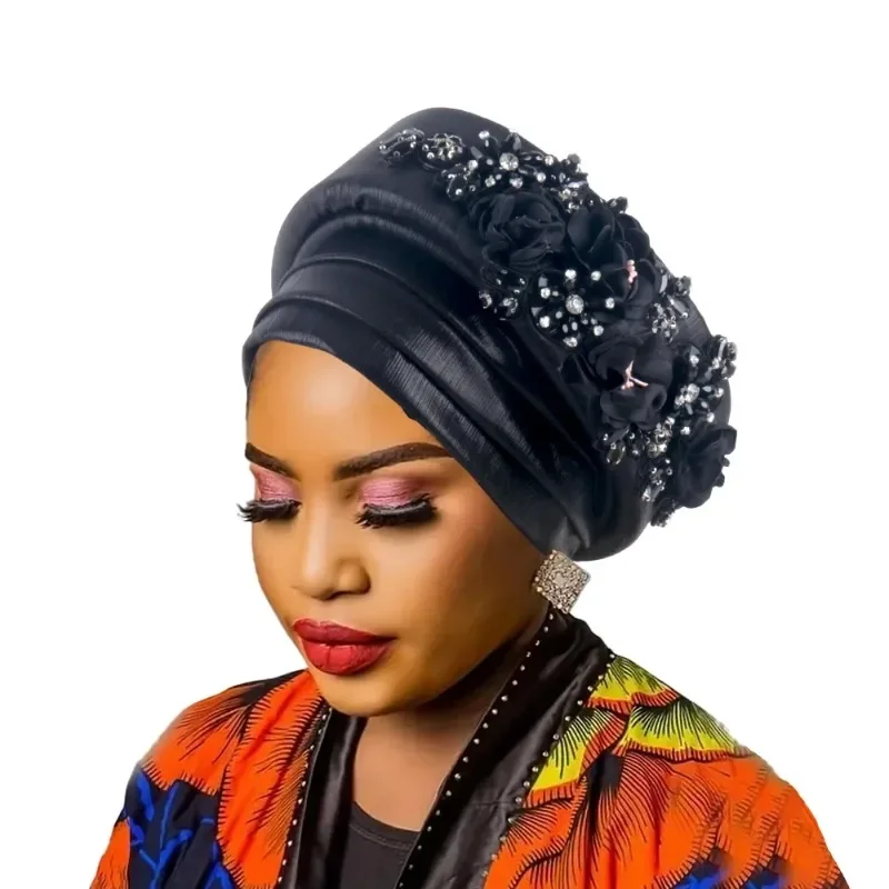 

African Women's Turban Cap Diamond Flower Nigeria Auto Gele Headtie Already Made Wedding Geles Female Head Wraps Hat Party Mujer