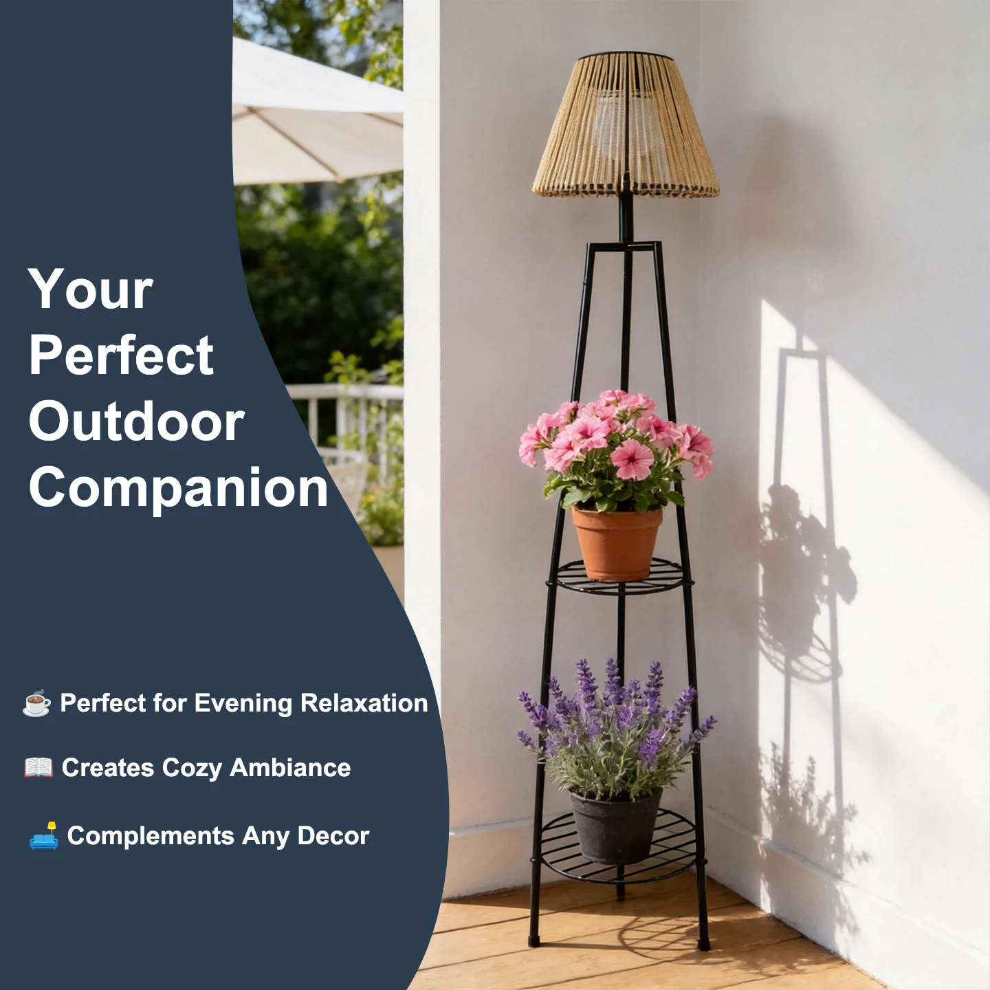 Solar Floor Lamp Outdoor Rattan Woven Plant Stand 2-Tier Metal Flower Shelf Weather Resistant LED Dusk to Dawn Auto On Off Cordless Bohemian Patio Garden Porch Decor