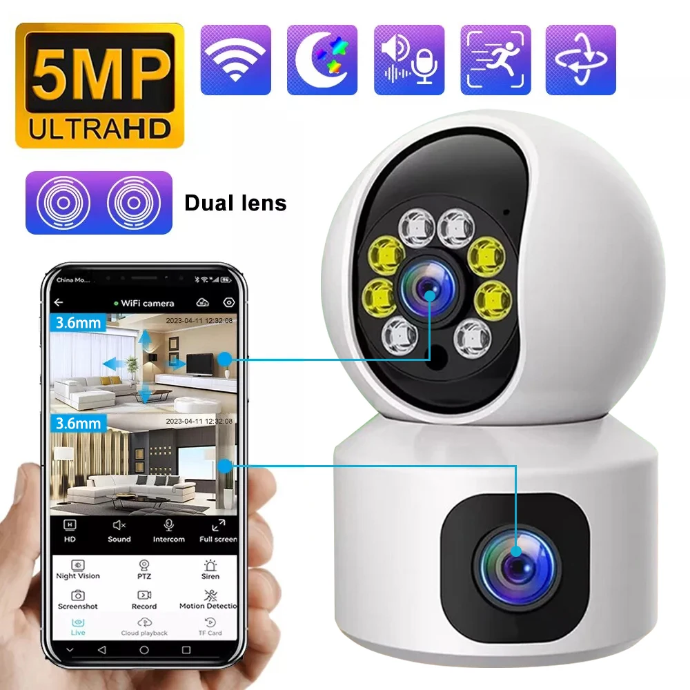 

5MP Dual Lens WiFi Camera Dome Indoor Auto-Tracking Auto-Tracking Two Way Audio Security Surveillance Infrared Night Vision Cam