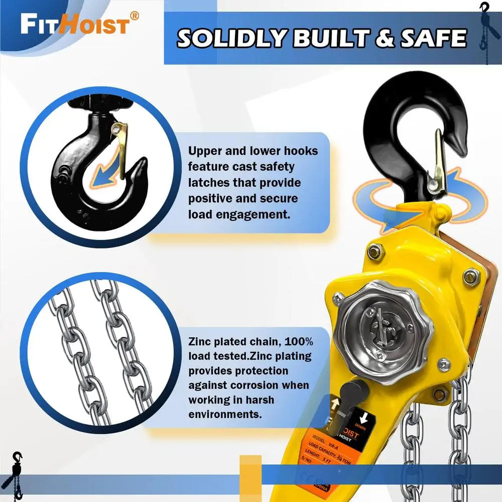 Compact 3/4 Ton Chain Hoist 1650LBS Capacity G80 Steel Hooks 10Ft Lift