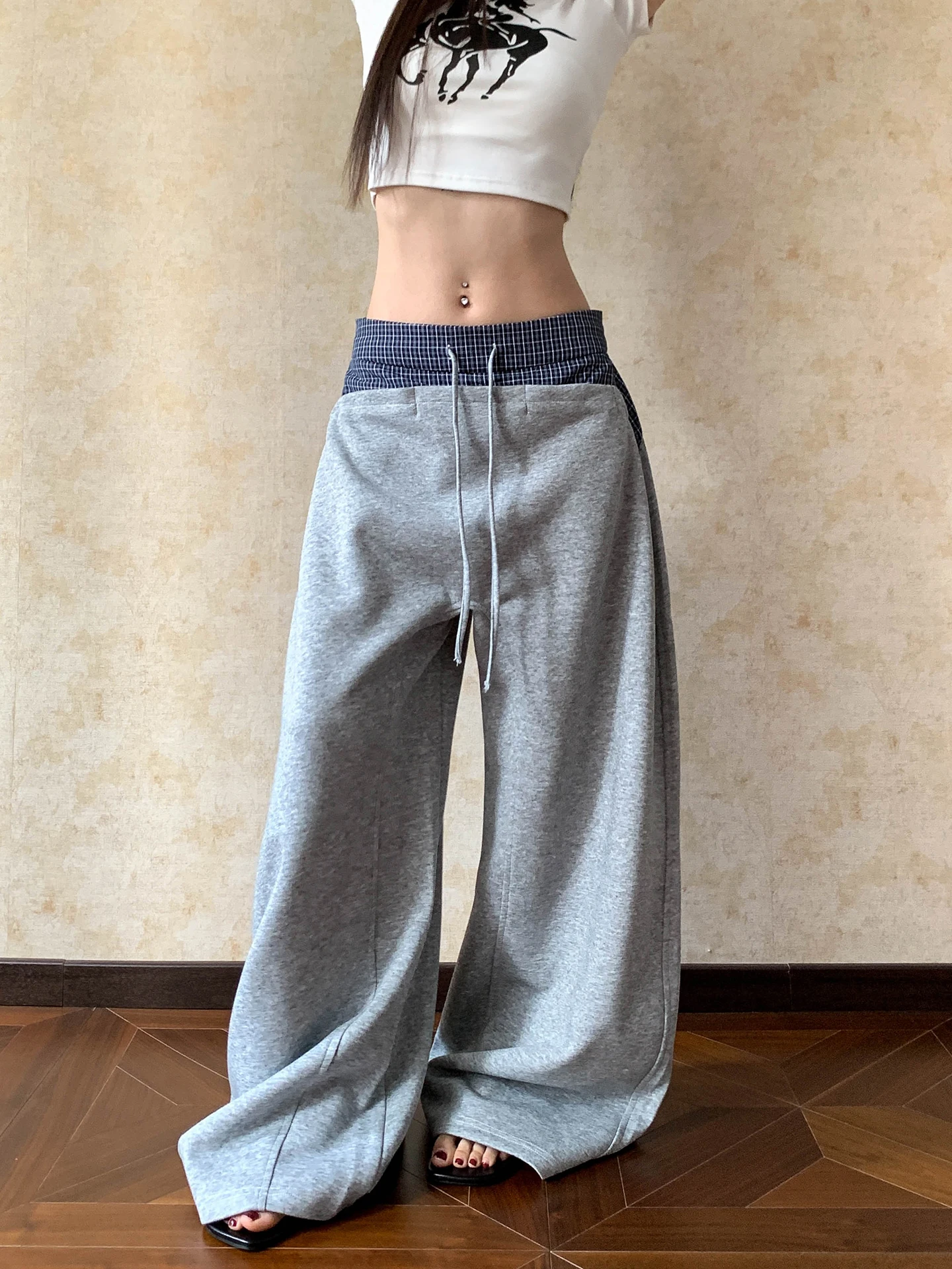 

Брюки Apocket в американском ретро-стиле с клетчатым пэчворком, на шнурке, широкие, свободные, стройнящие, повседневные, универсальные, удобные, из смесового хлопка