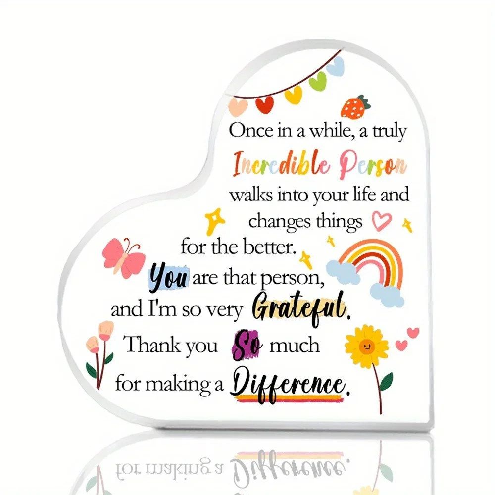 Heart Acrylic Desk Plaque Thank You Gift, Rainbow Butterfly Sunflower Decor Tabletop Ornament