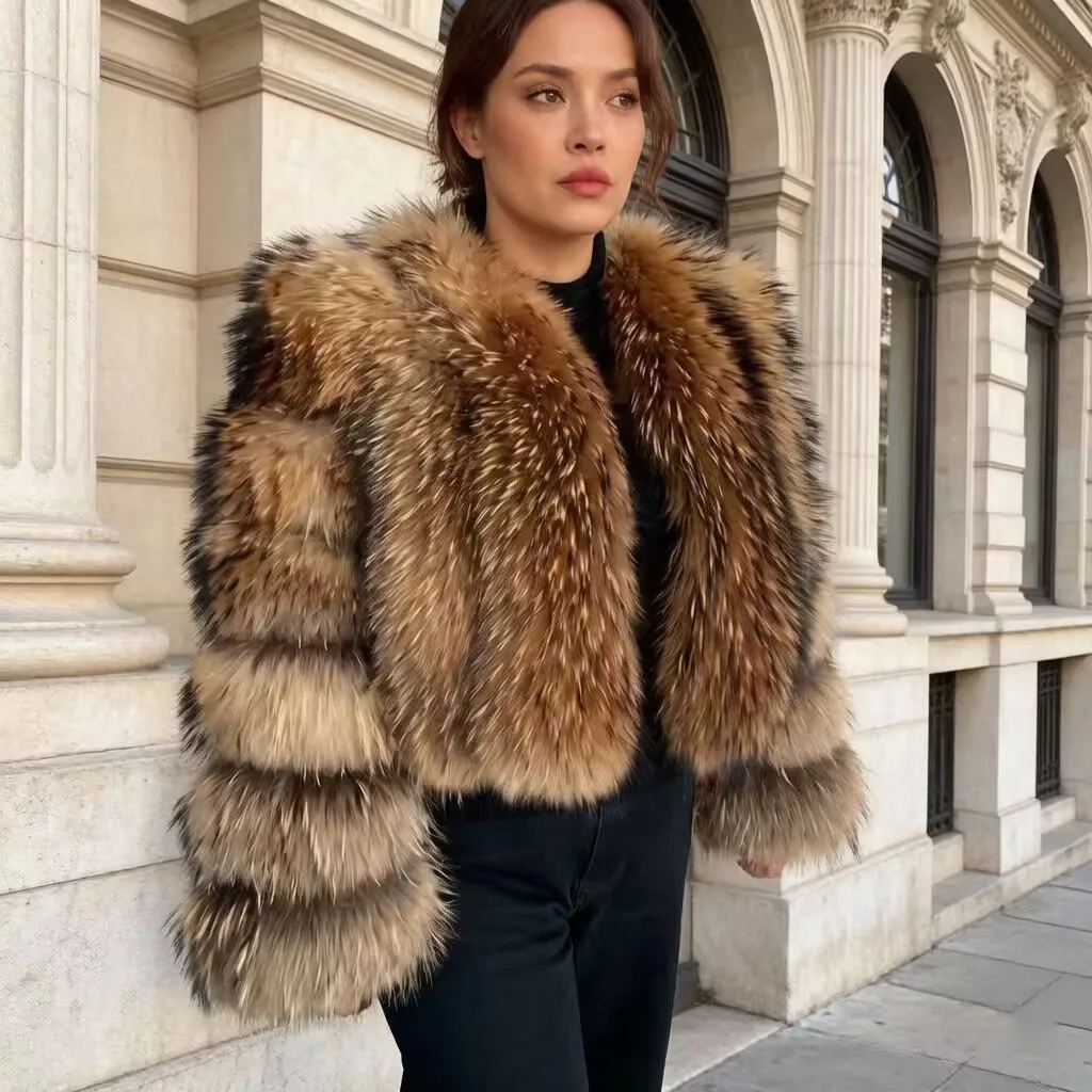 Women's Natural Raccoon Fur Coat thick version Winter With collar and Hoodie Real Raccoon Fur Jacket Available in Multiple Style