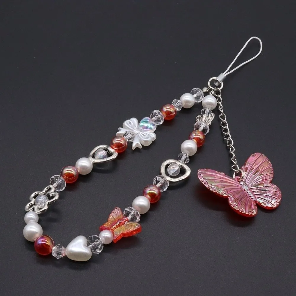 Ästhetischer Glänzender Perlen-Schlüsselanhänger Schillernder Holografischer Schmetterling Handy-Handgelenkriemen Vierfarbige Acryl-Lanyard-Kette Geschenk – Detail 10