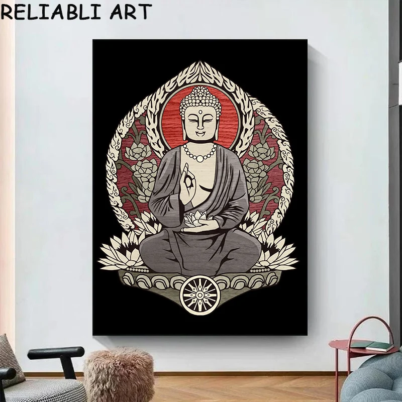 Abstract Lotus Flower Buddha Portrait Poster and Prints, Canvas Painting, Wall Art Pictures for Living Room Home Decor No Frame