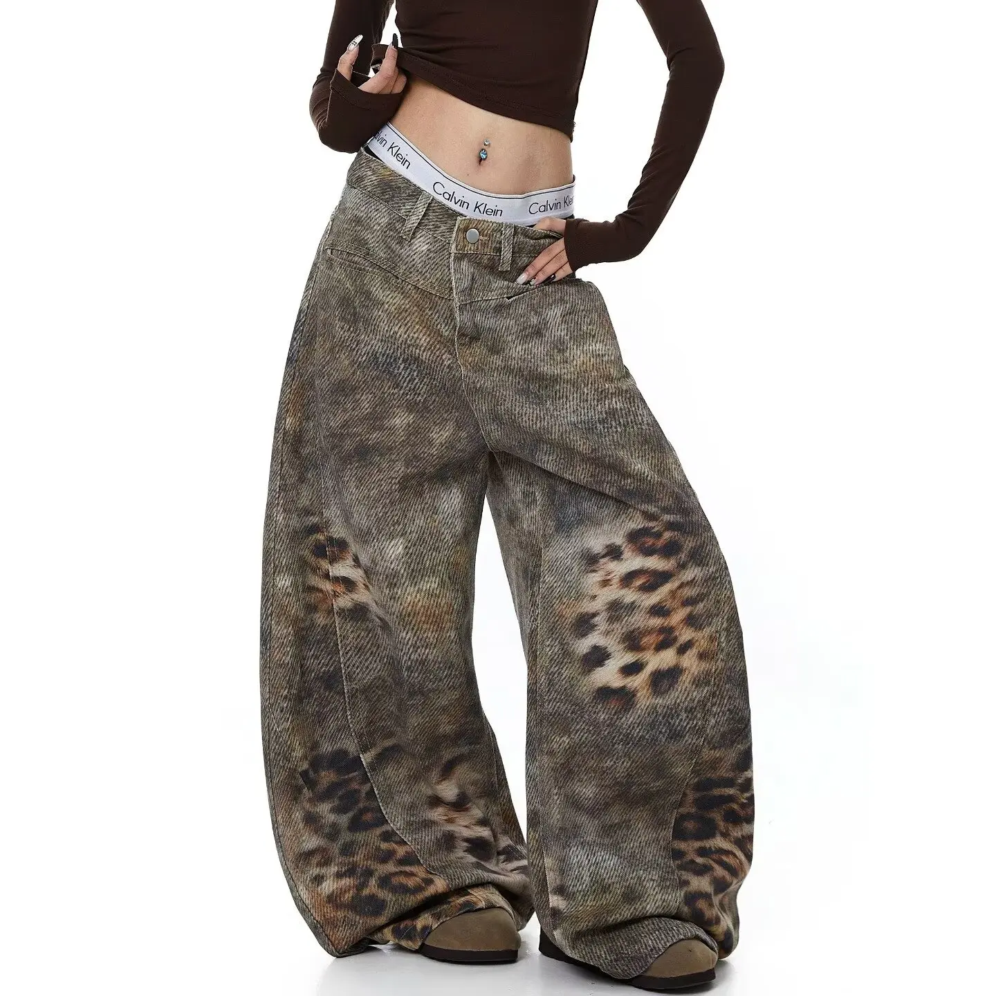 Women's Oversized Loose Leopard Print Jeans Fashionable Casual Pants for Daily Travel Women Sweatpants Trousers 2026 New