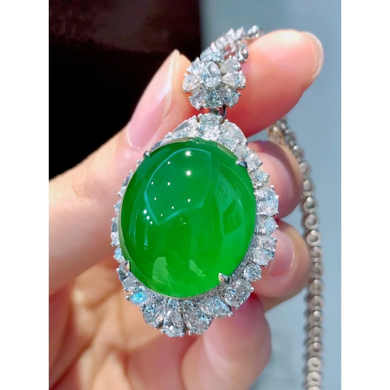 Natural Icy Jadeite Jade Pendant Egg Surface 18K Inlaid a