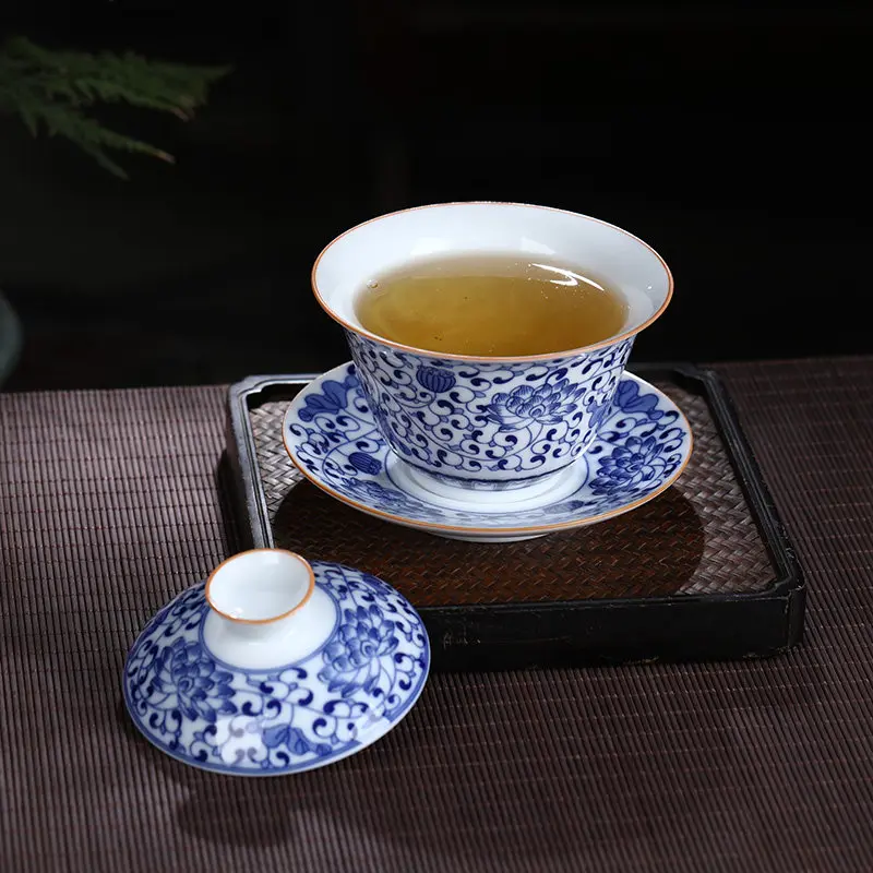 Jingdezhen Handmade Underglaze Blue and White Gaiwan 180ml Interlock Branch Three Pieces Tea Making Bowl Set
