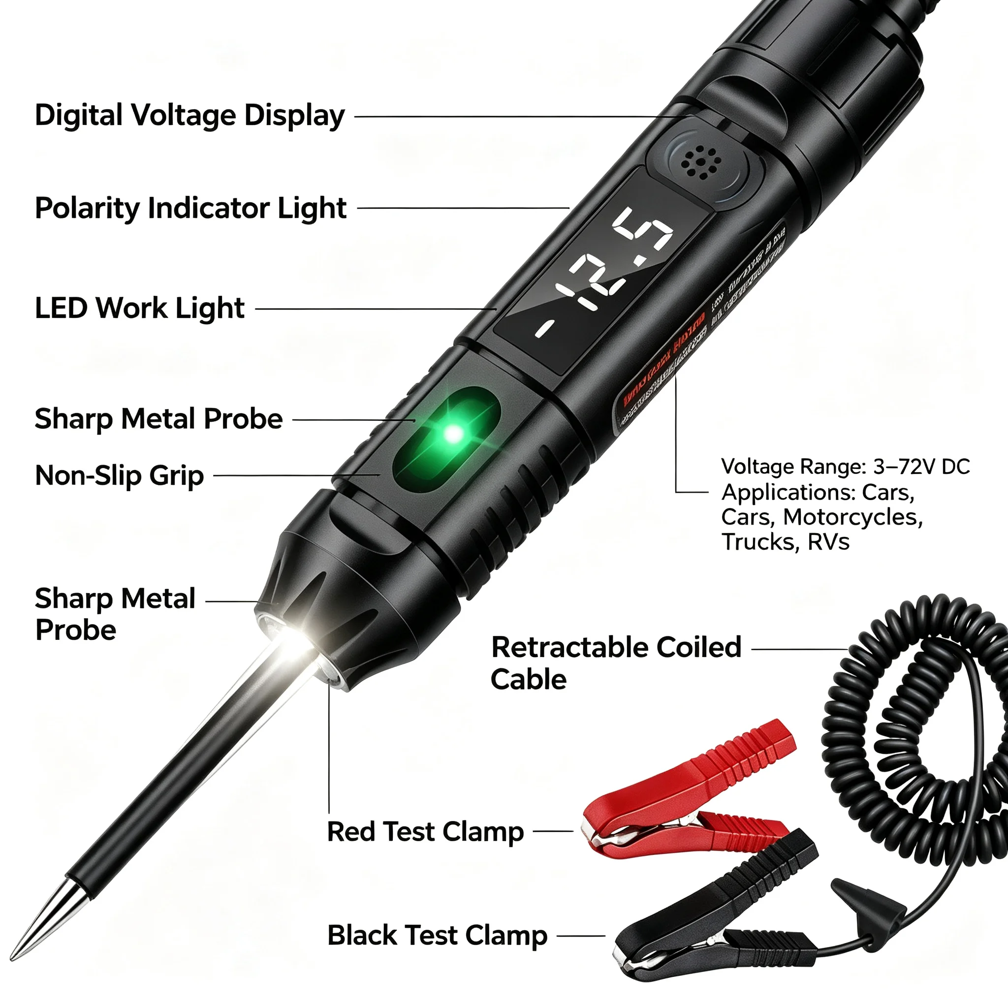 3-72V Car Circuit Test Light Polarity Indicator Short Circuit Continuity Tester with LED Work Light Repair Tool