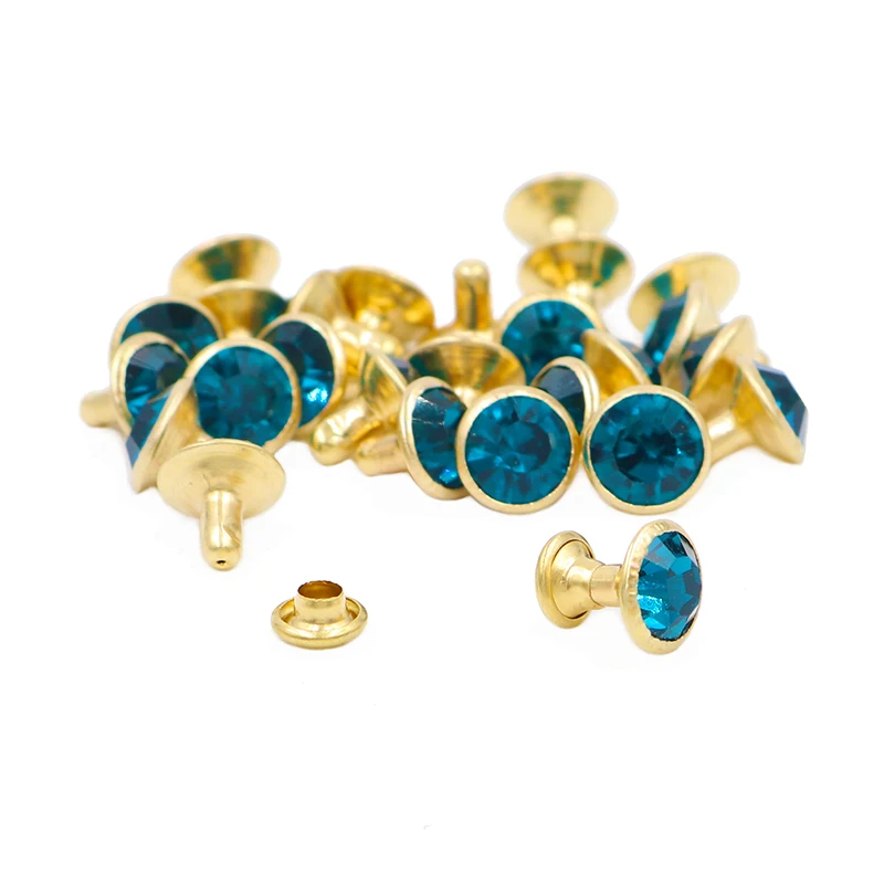 100Sets 8mm Blue Zircon Crystal Rhinestone Rivets Golden Metal Base Studs Stunds For Clothing Bag Leathercraft Rivet