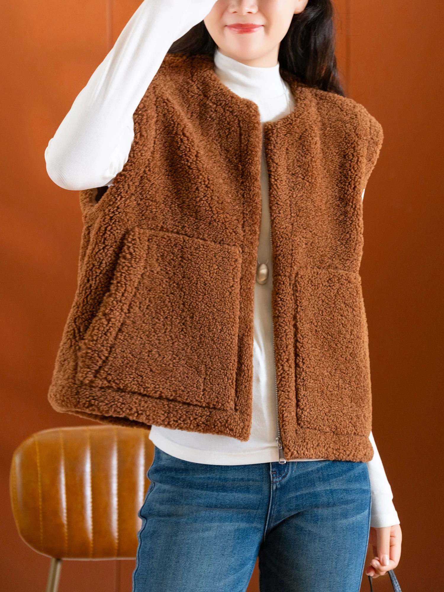 

Повседневный свободный мягкий замшевый внутренний жилет Teddy Fce с большими кетами, простой качественный жилет из полиэфирного волокна, круглая застежка-молния C...