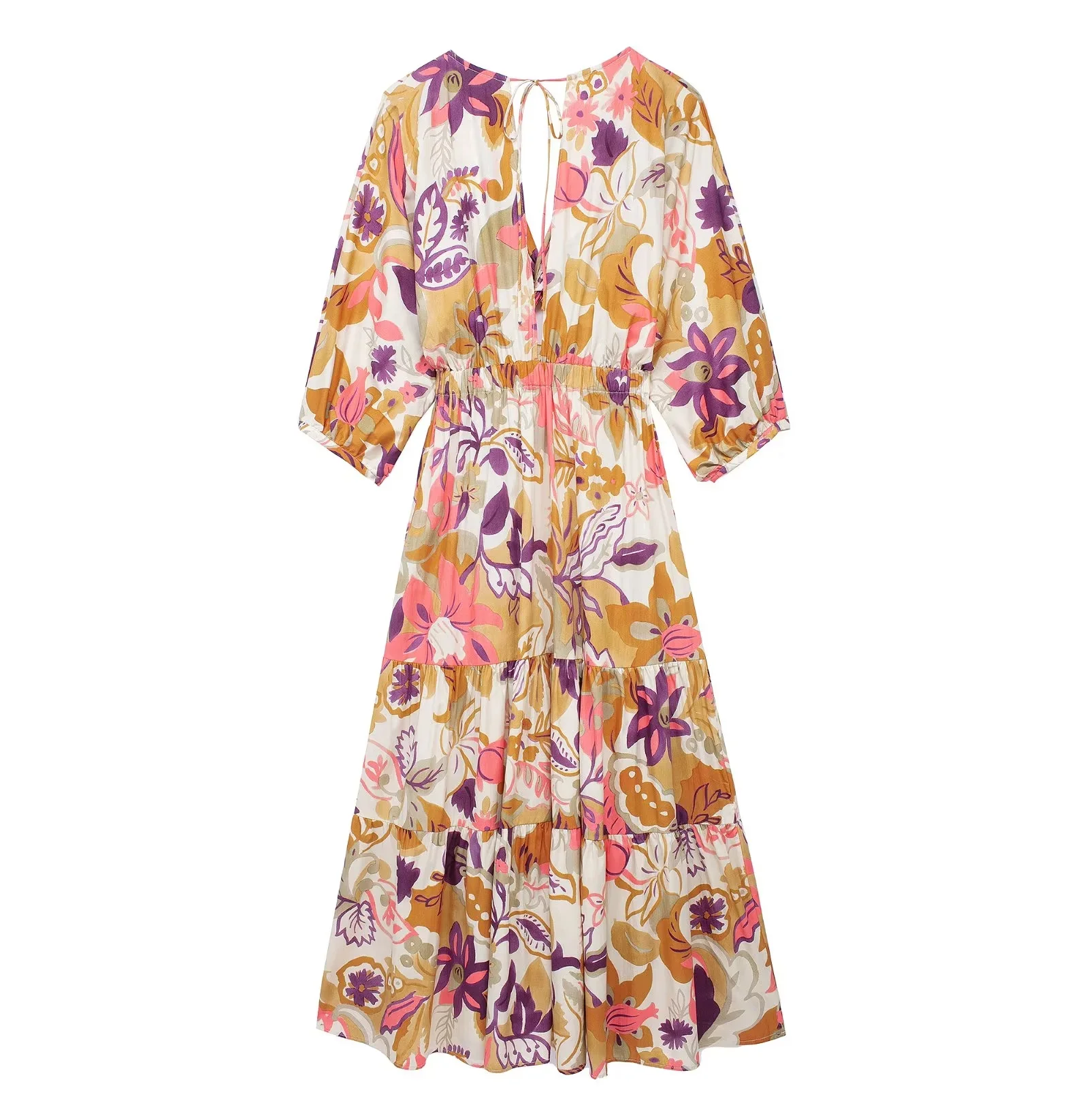 TRAFZA Vintage Flower Print Long Dress Women V Neck Short Sleeve Hollow Out Sexy Beach Dress Fashion 2024 Summer Holiday Dress