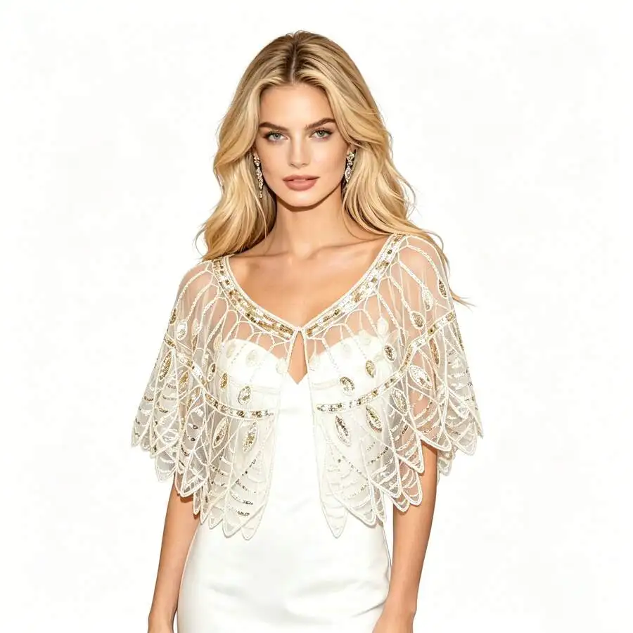 

Elegant Beaded Lace Shawl For Women Wedding Evening Party Cape