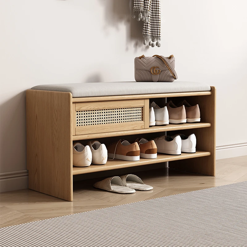 

Pure solid wood shoe changing stool Nordic oak seated shoe cabinet at the entrance of the home Modern simple log wind home shoe
