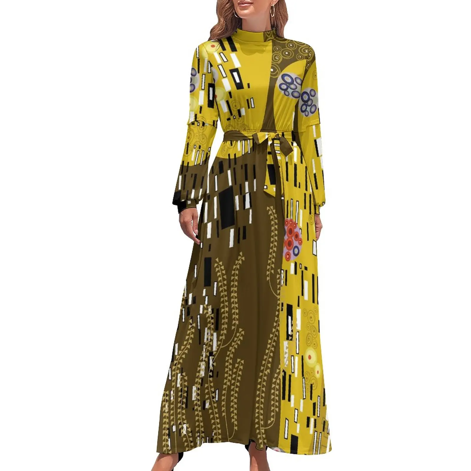 Gustav Klimt Inspired Dress Nouveau The Kiss Cute Graphic Maxi Dress High Waist Long Sleeve Streetwear Boho Beach Long Dresses