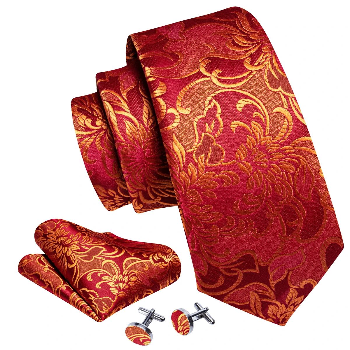 Desinger-Corbata de seda Floral para hombre, conjunto de gemelos cuadrados de bolsillo, regalo de boda, Busienss Barry, rojo y dorado Wang Dropship A-5988