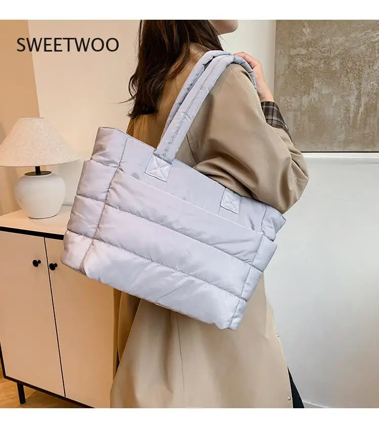 Womens Pink Quilted Tote Bag Large Capacity Puffer Shoulder Bag Casual Daily Handbag - view 6