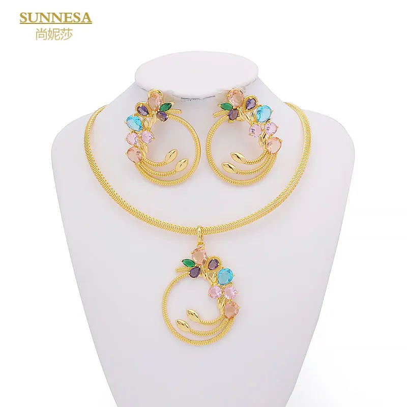 SUNNESA Italian 18k Gold Plated Necklace Earrings Sets With Zircon Big Pendant Luxury Dubai Jewelry Set for Women Weekend Party